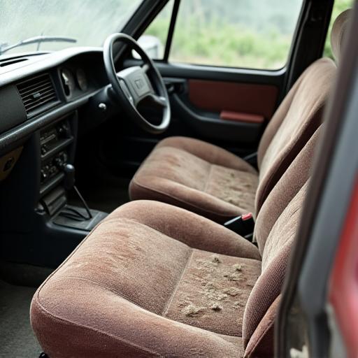 A car's interior with stained fabric seats and dusty surfaces.