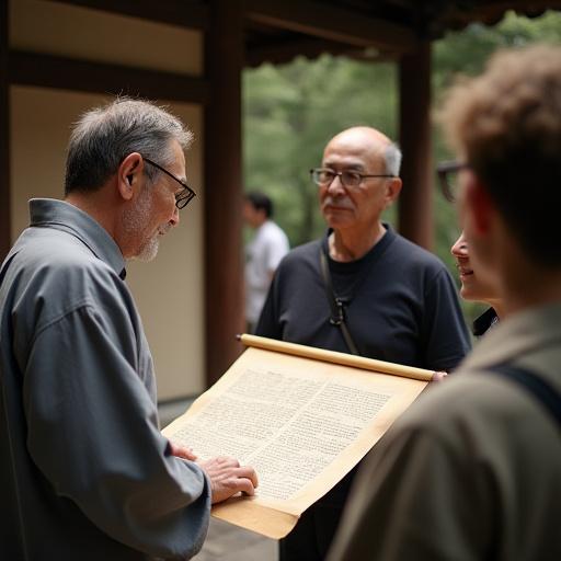 An expert guide explaining details from an ancient Japanese scroll to a small group of travelers.