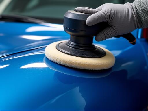 A polisher being used to enhance the gloss on a blue sports car.